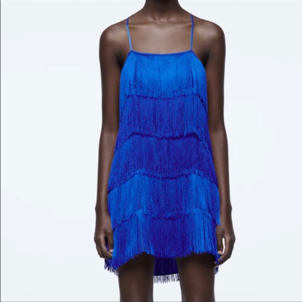 NWTs zara XS cobalt blue fringe mini dress